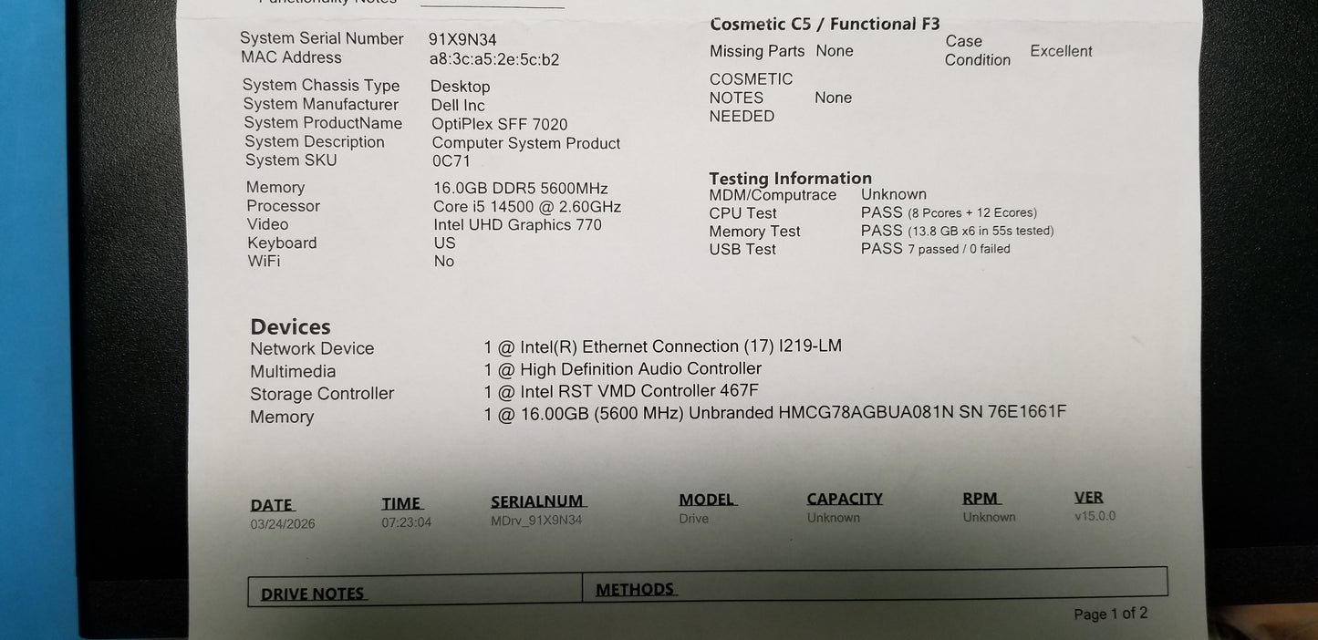 Dell OptiPlex SFF 7020 Desktop PC i5-14500 16GB RAM 1TB HD Windows 11 PRO Quadro P620 GPU